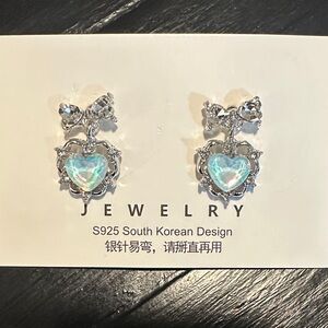 Romantic Crystal Silver Heart Earrings with Bow Design